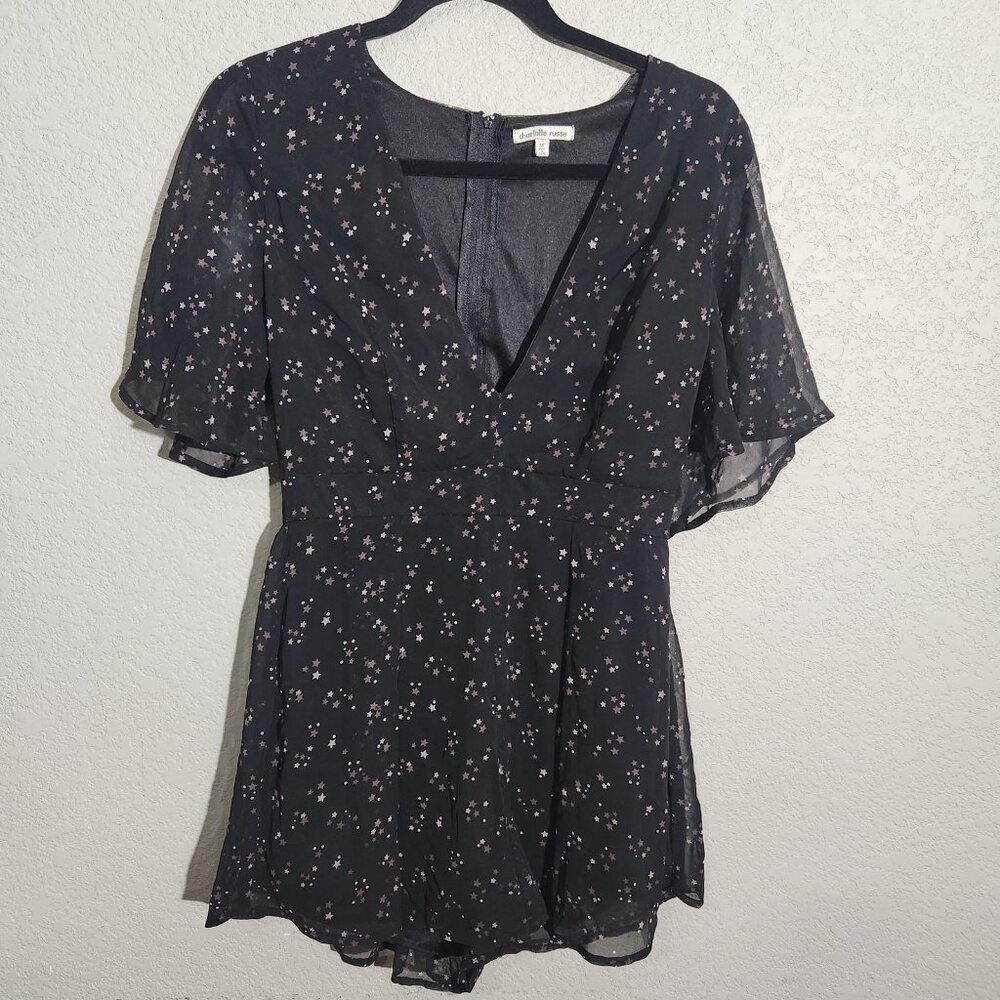 Charlotte Russe Romper Womens Medium Black Star Print Flutter Sleeve V Neck